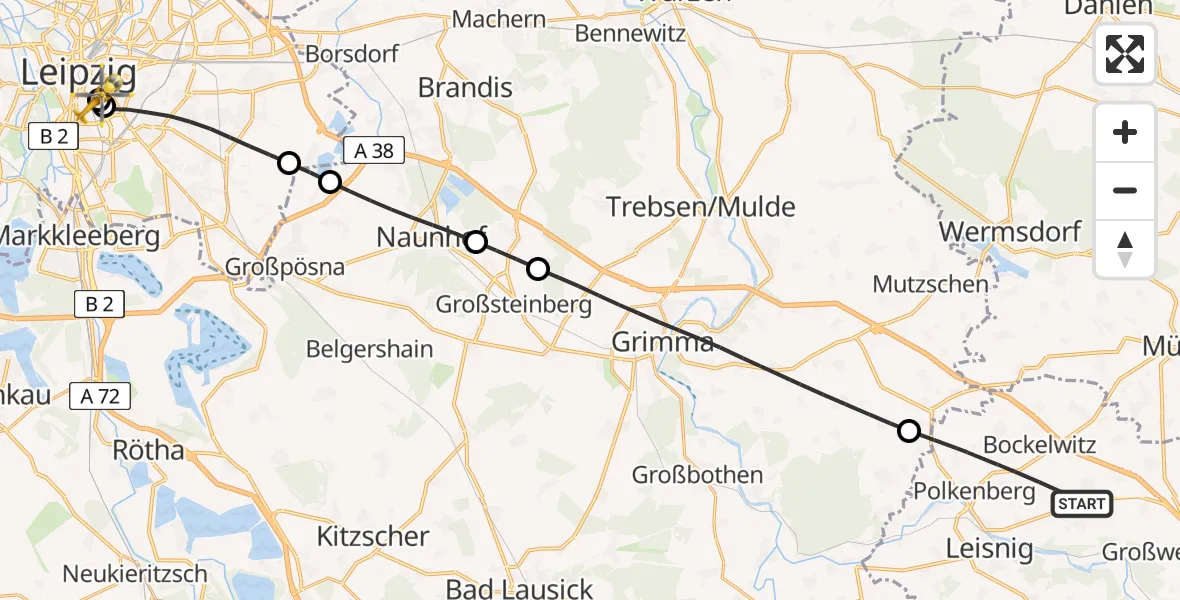 Flugroute Rettungshubschrauber Leisnig - Leipzig University Hospital Heliport 1, 19 Juni 2026, 17:05