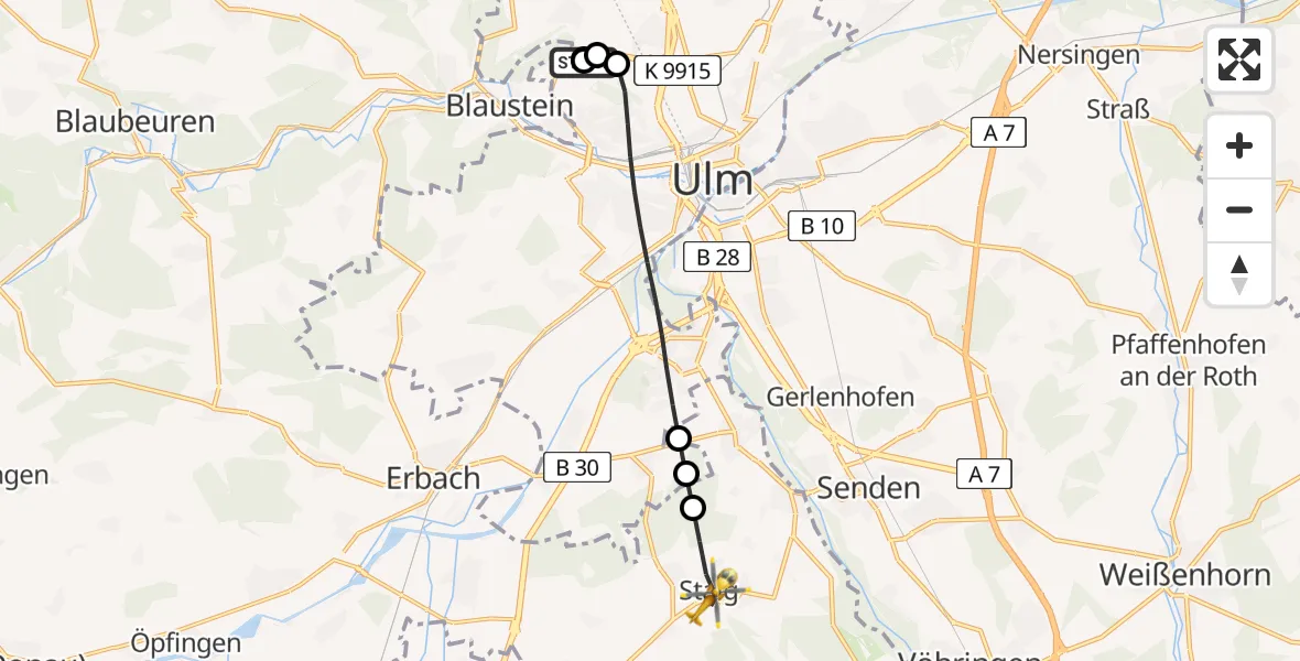 Flugroute Rettungshubschrauber Ulm Military Hospital Emergency - Staig, 19 Juni 2026, 17:08