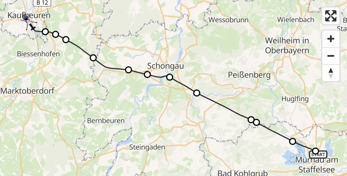 Flugroute Polizeihubschrauber Murnau a.Staffelsee - Kaufbeuren, 19 Juni 2026, 17:11