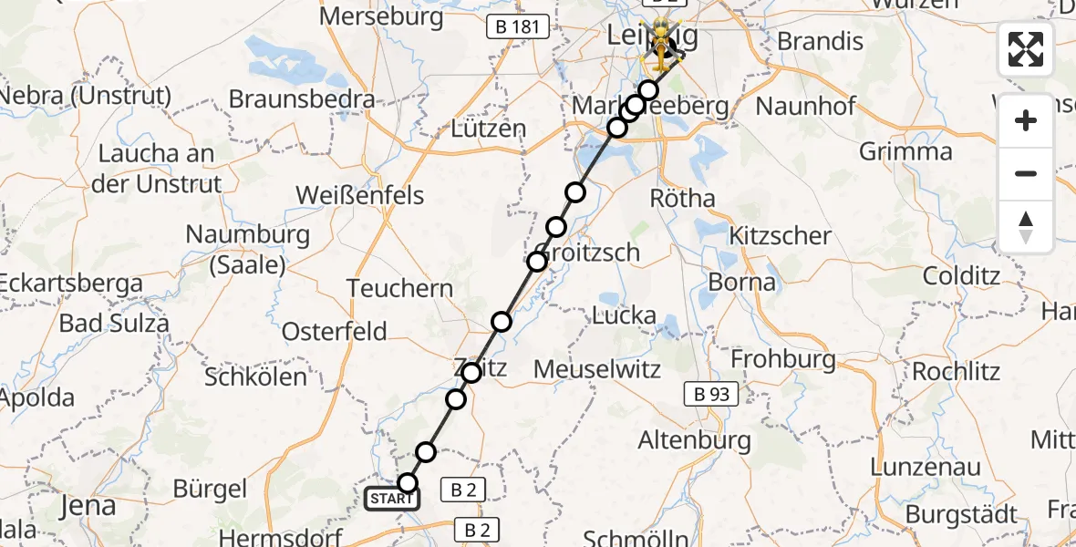 Flugroute Rettungshubschrauber Bad Köstritz - Leipzig University Hospital Heliport 1, 19 Juni 2026, 17:15