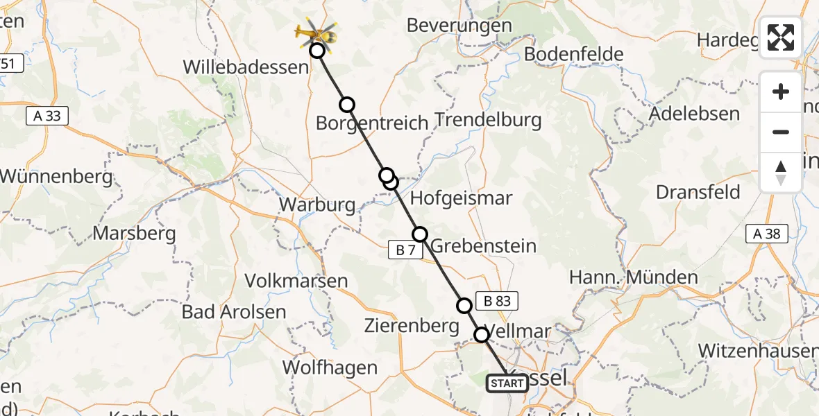 Flugroute Rettungshubschrauber Kassel - Brakel, 19 Juni 2026, 17:16