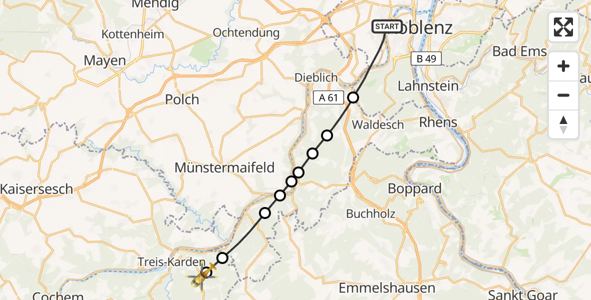 Flugroute Rettungshubschrauber Koblenz - Treis-Karden, 19 Juni 2026, 17:19