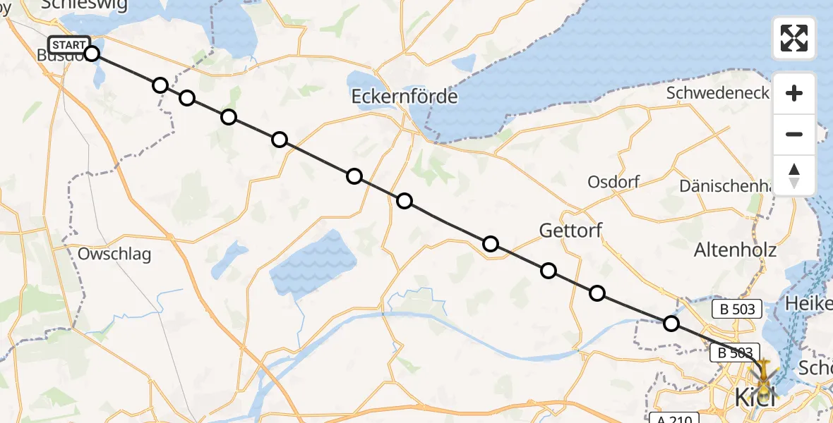 Flugroute Ambulanzhubschrauber Busdorf - Kiel, 19 Juni 2026, 17:19