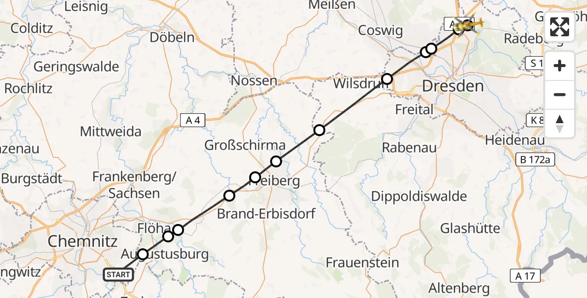 Flugroute Rettungshubschrauber Chemnitz - Dresden Bundespolizei Hubschrauberlandeplatz, 19 Juni 2026, 17:25