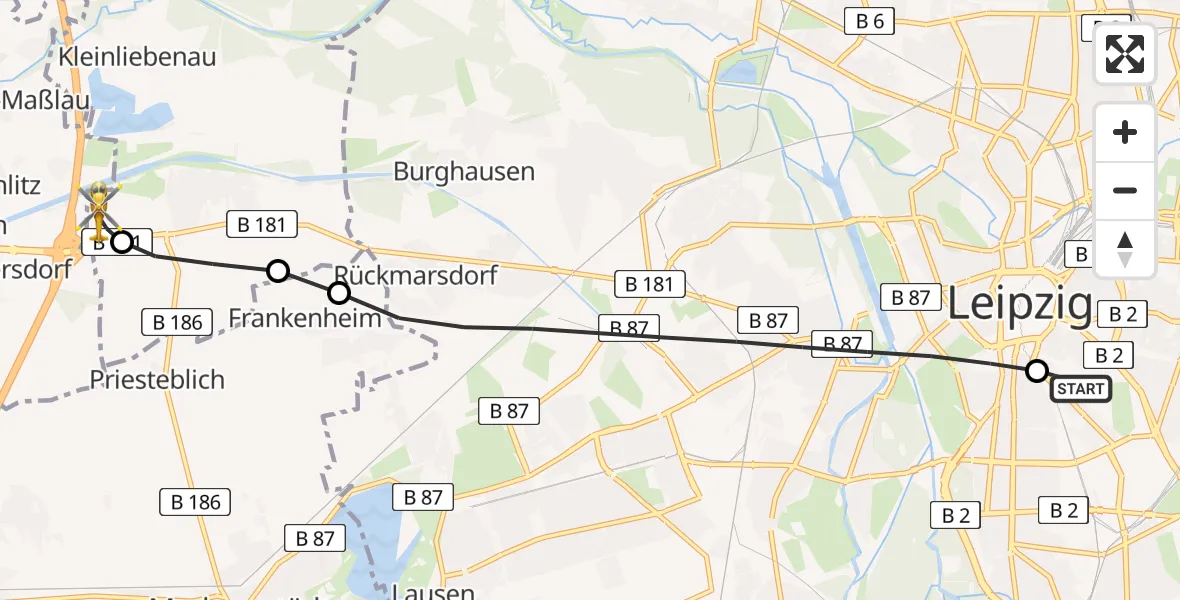 Flugroute Rettungshubschrauber Leipzig University Hospital Heliport 1 - ADAC Air Rescue Station Leipzig/Schkeuditz-Dölzig Hubschrauberlandeplatz (Christoph 61), 19 Juni 2026, 17:30