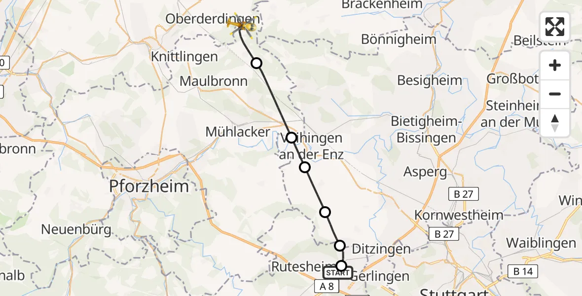 Flugroute Rettungshubschrauber Leonberg Hospital - Sternenfels, 19 Juni 2026, 17:36