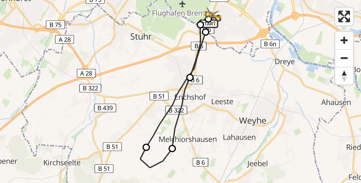 Flugroute Rettungshubschrauber ADAC Air Rescue Station Bremen Hubschrauberlandeplatz (Christoph 6) - ADAC Air Rescue Station Bremen Hubschrauberlandeplatz (Christoph 6), 19 Juni 2026, 17:41