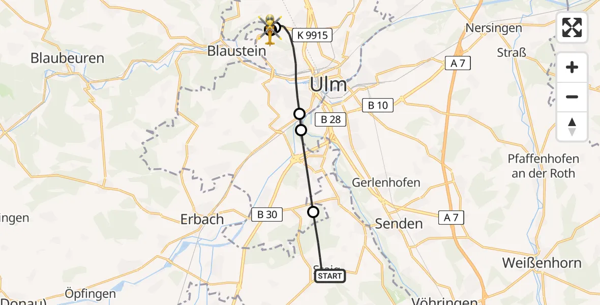 Flugroute Rettungshubschrauber Staig - ADAC Air Rescue Station Ulm (Christoph 22), 19 Juni 2026, 17:49