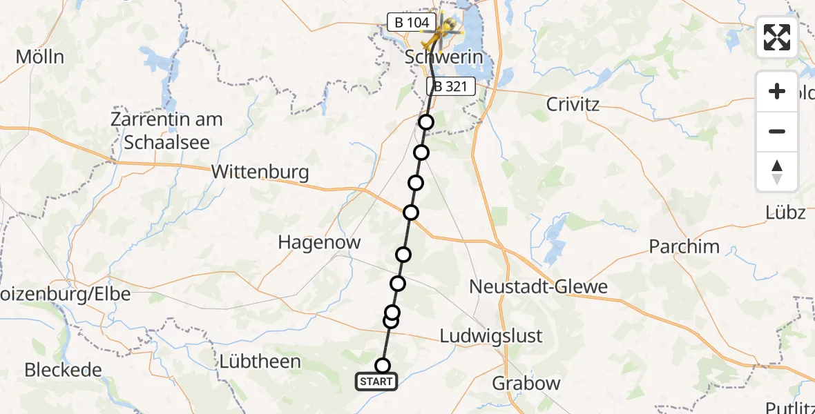 Flugroute Rettungshubschrauber Göhlen - Schwerin, 19 Juni 2026, 17:52