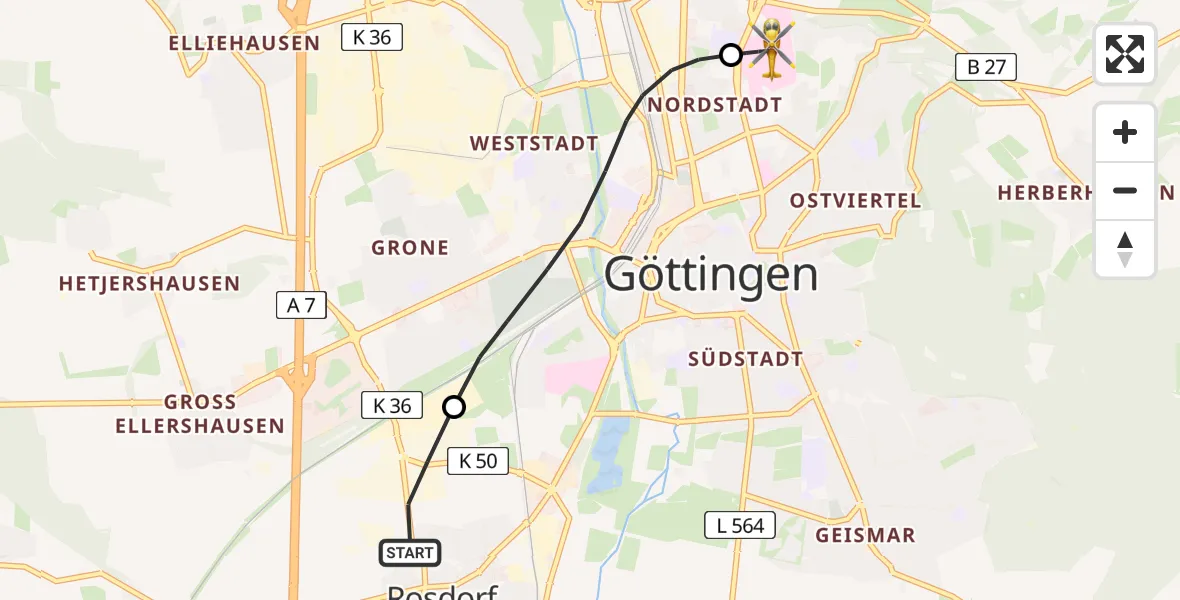 Flugroute Rettungshubschrauber Rosdorf - Göttingen University Clinic Hubschrauberlandeplatz, 19 Juni 2026, 17:54