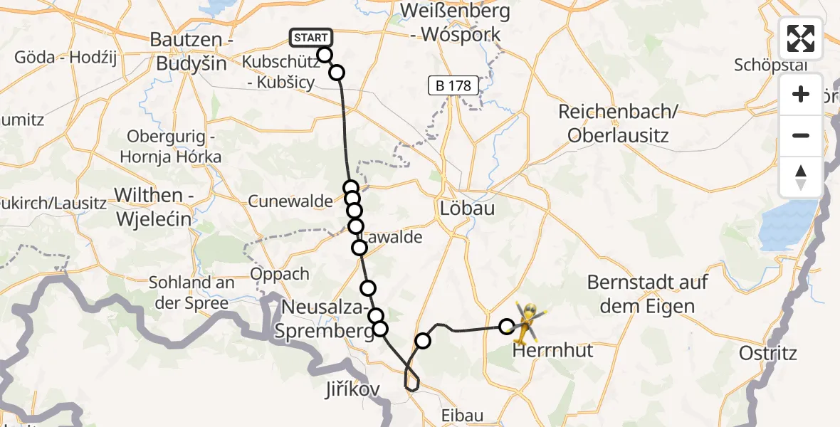 Flugroute Rettungshubschrauber Kubschütz - Herrnhut, 19 Juni 2026, 17:59