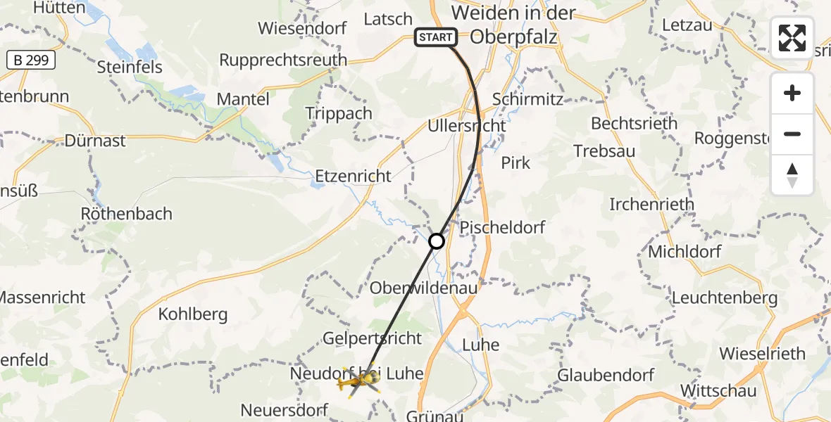 Flugroute Rettungshubschrauber Weiden i.d.OPf. - Luhe-Wildenau, 19 Juni 2026, 18:15