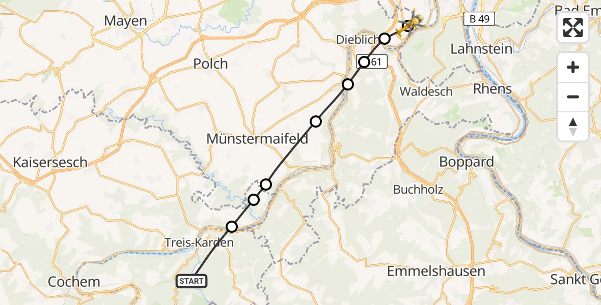 Flugroute Rettungshubschrauber Treis-Karden - Koblenz-Winningen Flugplatz, 19 Juni 2026, 18:16