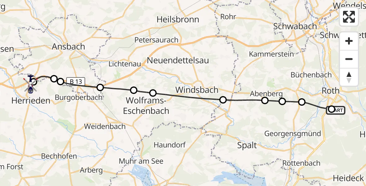Flugroute Polizeihubschrauber Flugplatz Roth - Herrieden, 19 Juni 2026, 18:19