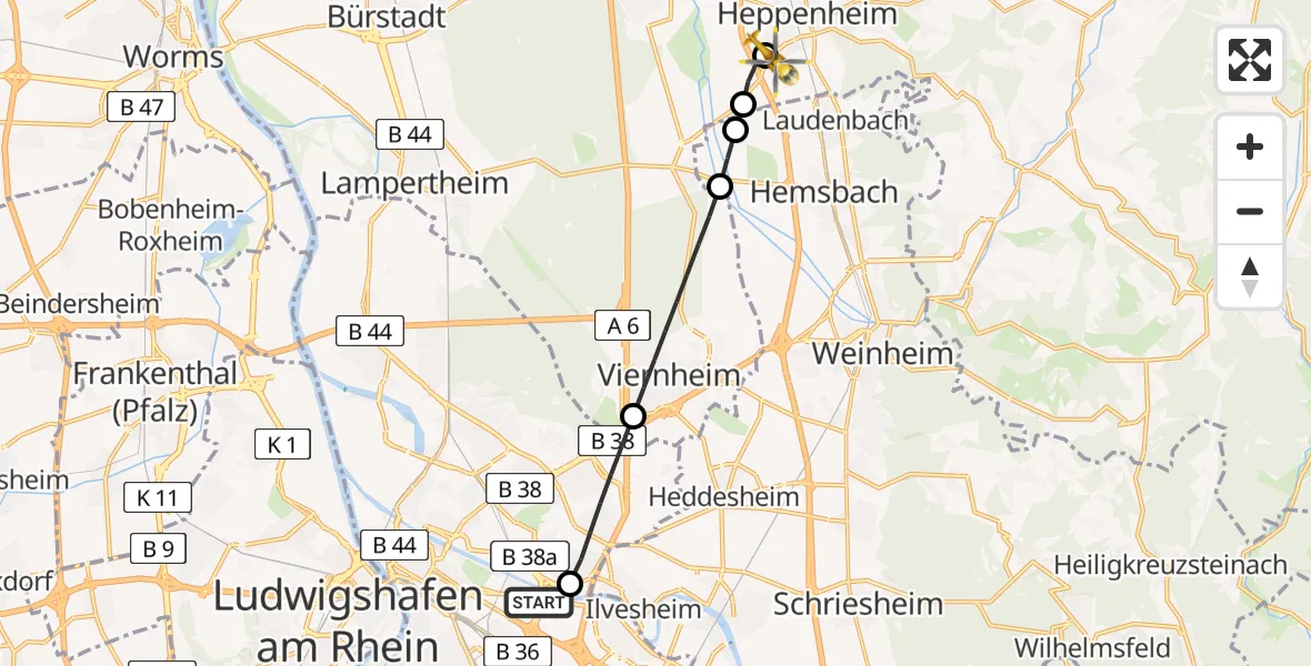 Flugroute Rettungshubschrauber Mannheim-City Flughafen - Bergstraße District Hospital, 19 Juni 2026, 18:21