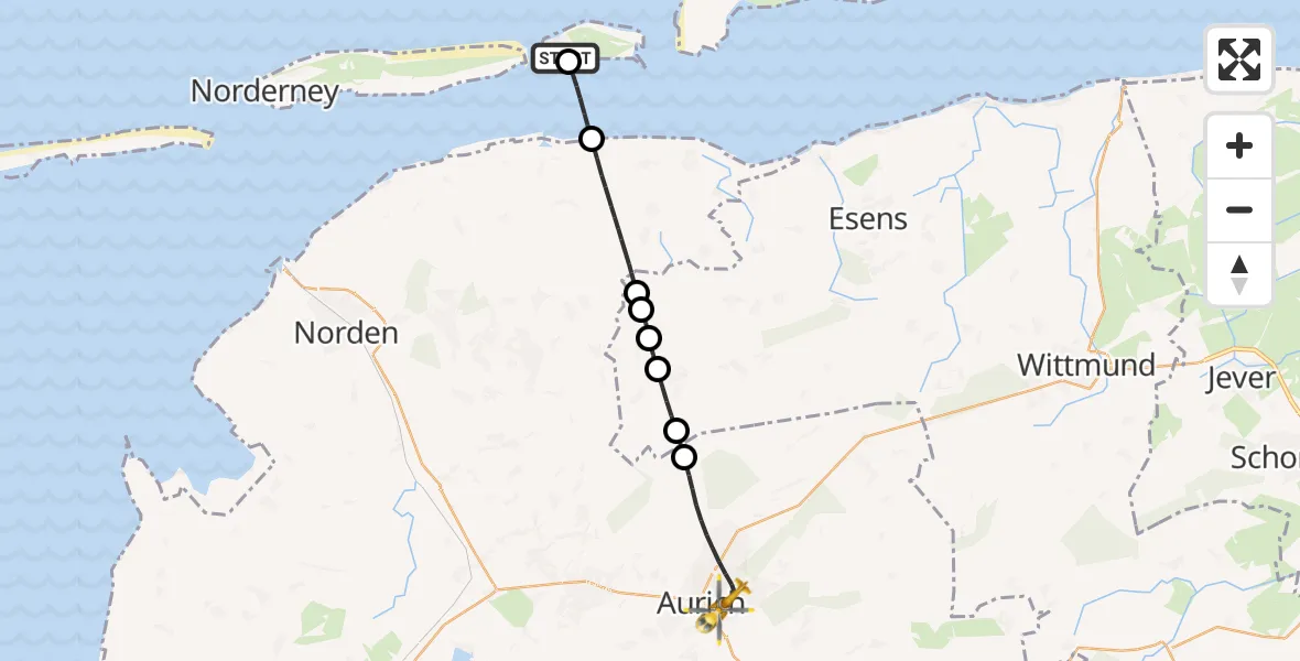 Flugroute Ambulanzhubschrauber Baltrum Flughafen - Aurich, 19 Juni 2026, 18:23