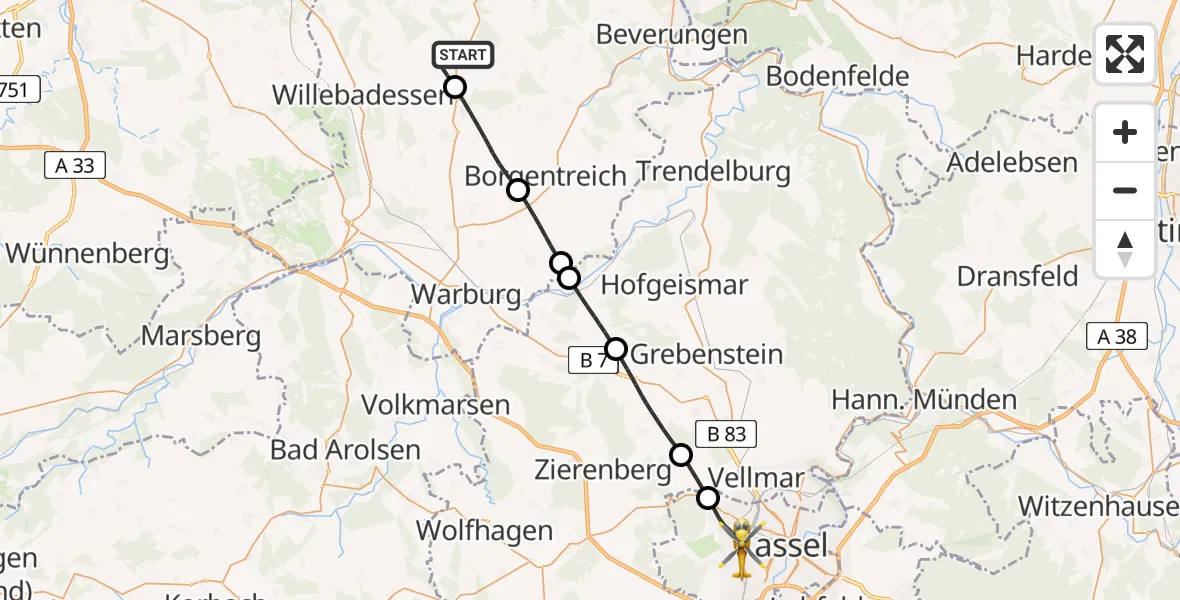 Flugroute Rettungshubschrauber Brakel - Kassel, 19 Juni 2026, 18:24