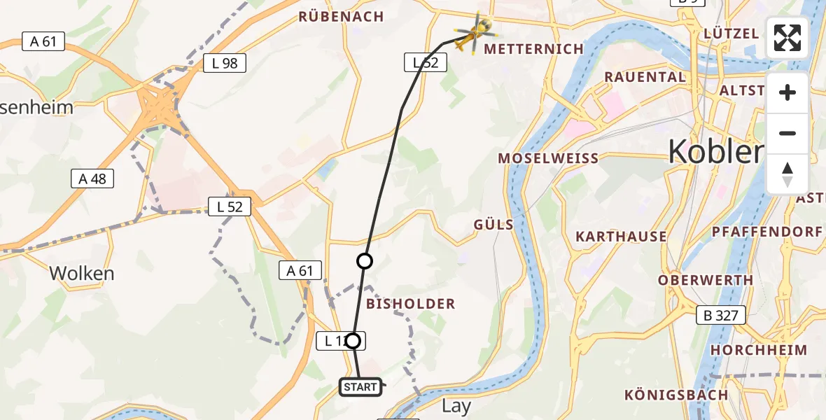 Flugroute Rettungshubschrauber Koblenz-Winningen Flugplatz - Koblenz, 19 Juni 2026, 18:26