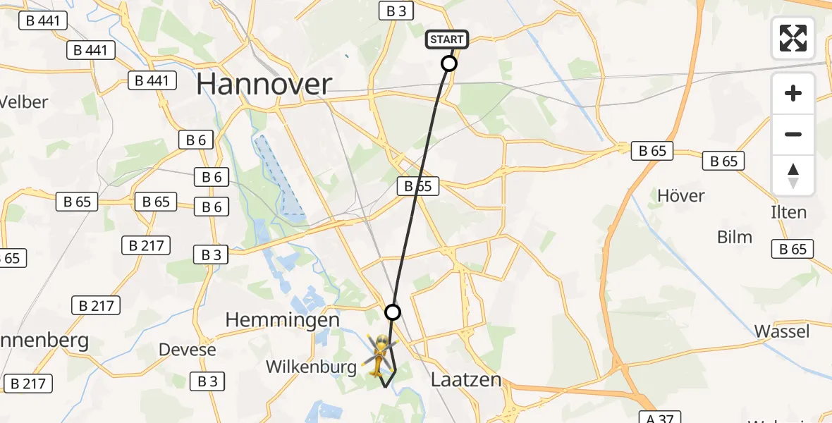 Flugroute Rettungshubschrauber Hannover Luftrettung Hubschrauberlandeplatz (Christoph 4) - Laatzen, 19 Juni 2026, 18:29