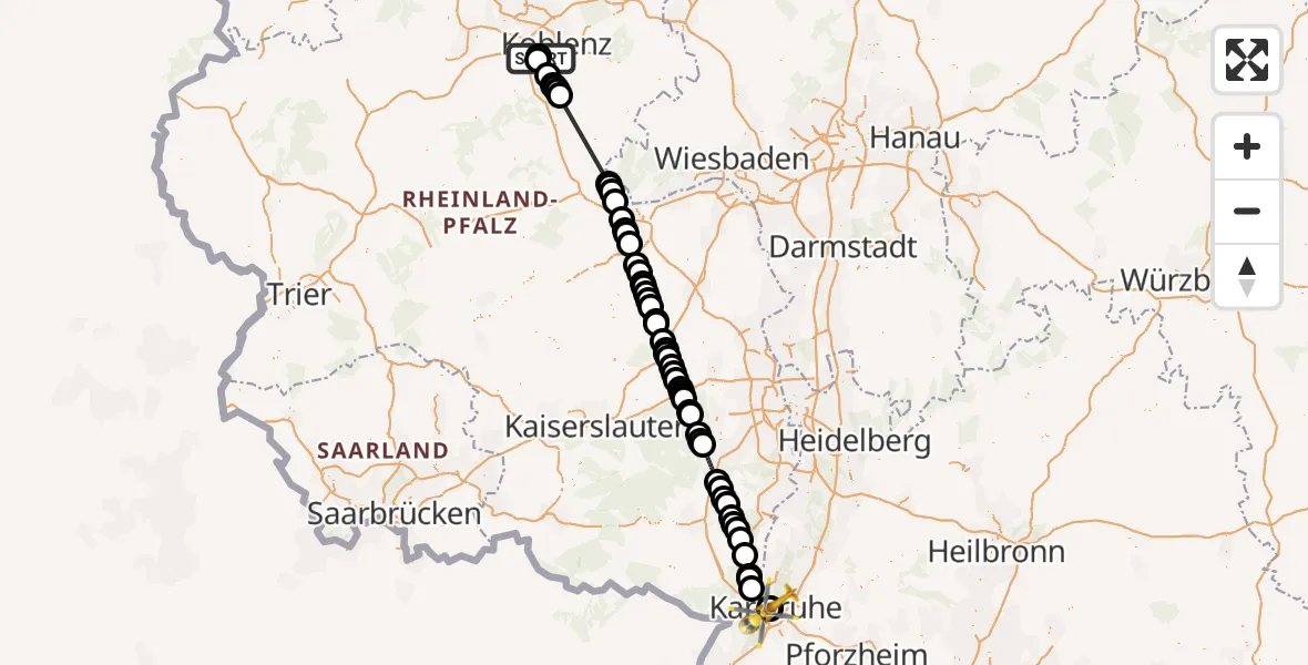 Flugroute Ambulanzhubschrauber Koblenz - Sankt Vincentius Hospital, 19 Juni 2026, 18:30