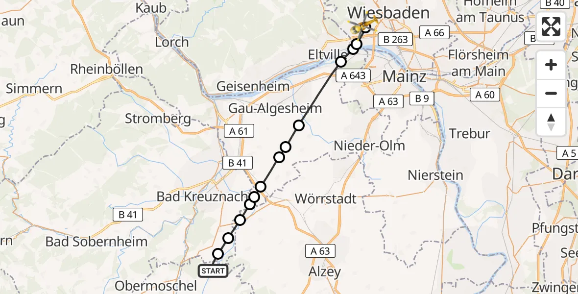 Flugroute Rettungshubschrauber Niederhausen an der Appel - Helios Horst Schmidt Klinik (HSK) Hubschrauberlandeplatz, 19 Juni 2026, 18:32