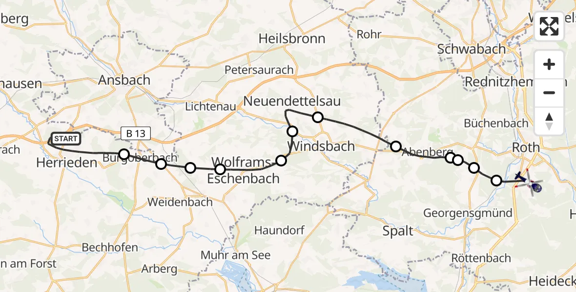 Flugroute Polizeihubschrauber Herrieden - Flugplatz Roth, 19 Juni 2026, 18:33