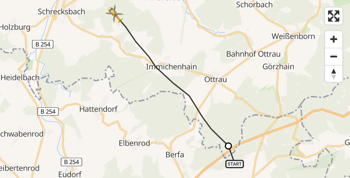 Flugroute Rettungshubschrauber Alsfeld - Schrecksbach, 19 Juni 2026, 18:33