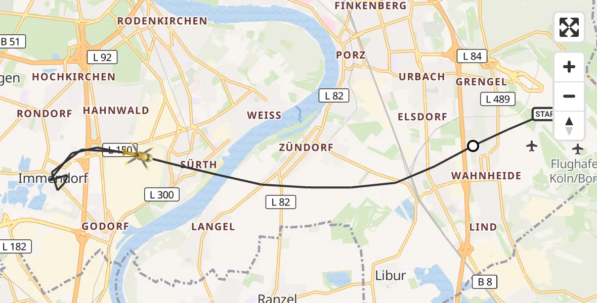 Flugroute Rettungshubschrauber Köln Bonn Flughafen - Köln, 19 Juni 2026, 18:37