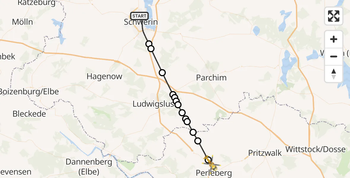 Flugroute Rettungshubschrauber Schwerin - Perleberg, 19 Juni 2026, 18:40