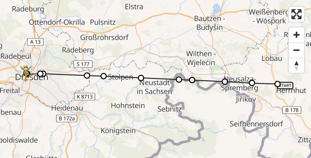 Flugroute Rettungshubschrauber Herrnhut - Dresden Friedrichstadt Hospital, 19 Juni 2026, 18:41