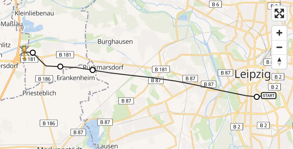 Flugroute Rettungshubschrauber Leipzig University Hospital Heliport 1 - ADAC Air Rescue Station Leipzig/Schkeuditz-Dölzig Hubschrauberlandeplatz (Christoph 61), 19 Juni 2026, 18:42