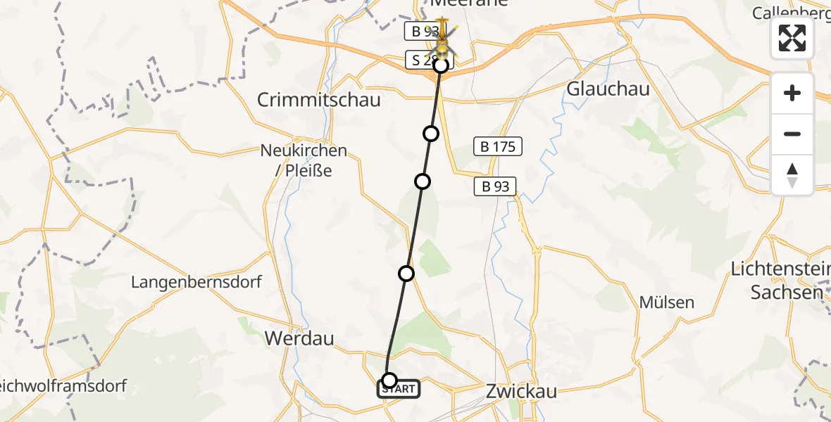 Flugroute Rettungshubschrauber ADAC Air Rescue Station Zwickau Hubschrauberlandeplatz - Meerane, 19 Juni 2026, 18:43