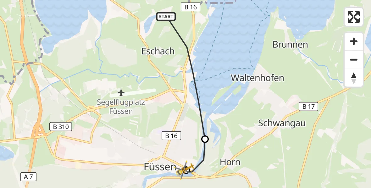 Flugroute Rettungshubschrauber Füssen - Füssen, 19 Juni 2026, 18:45