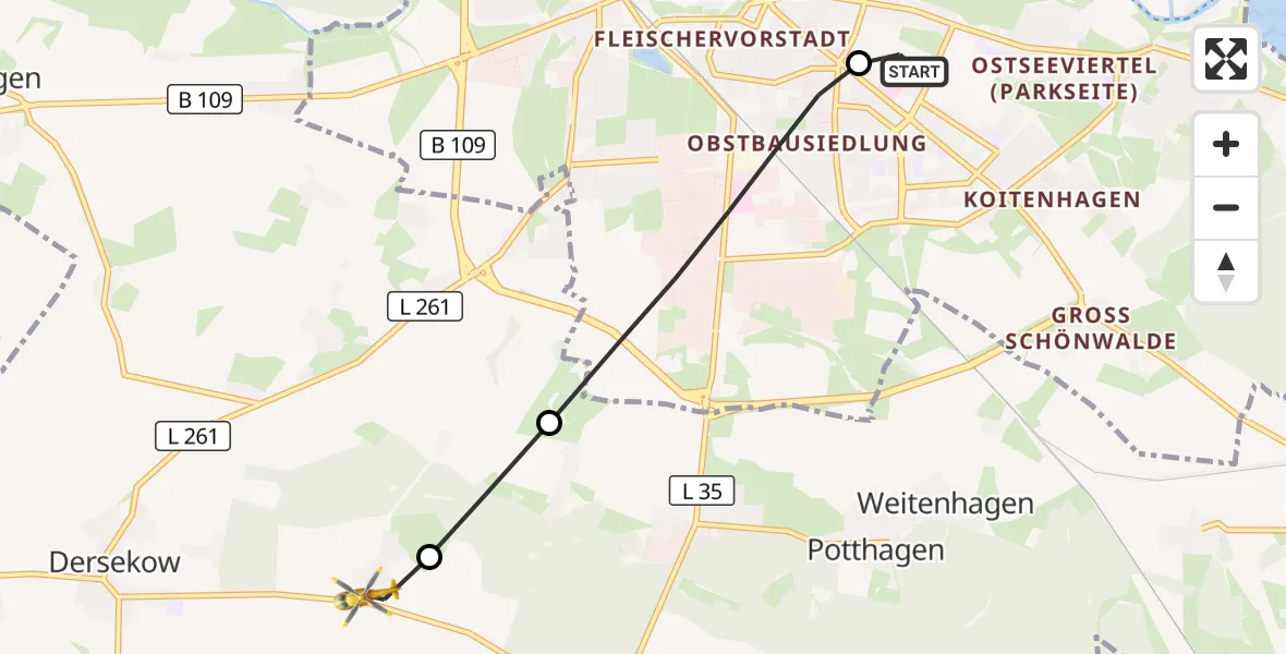 Flugroute Rettungshubschrauber Greifswald Hospital - Dersekow, 19 Juni 2026, 18:46