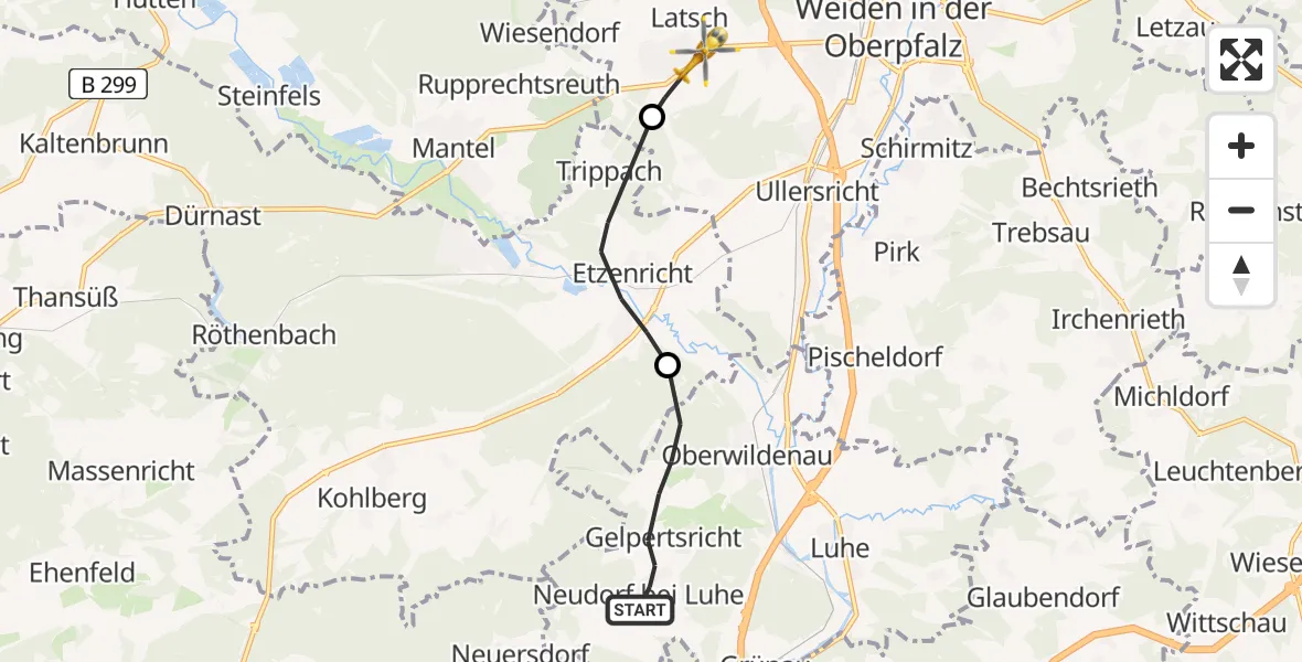 Flugroute Rettungshubschrauber Luhe-Wildenau - Weiden i.d.OPf., 19 Juni 2026, 18:50