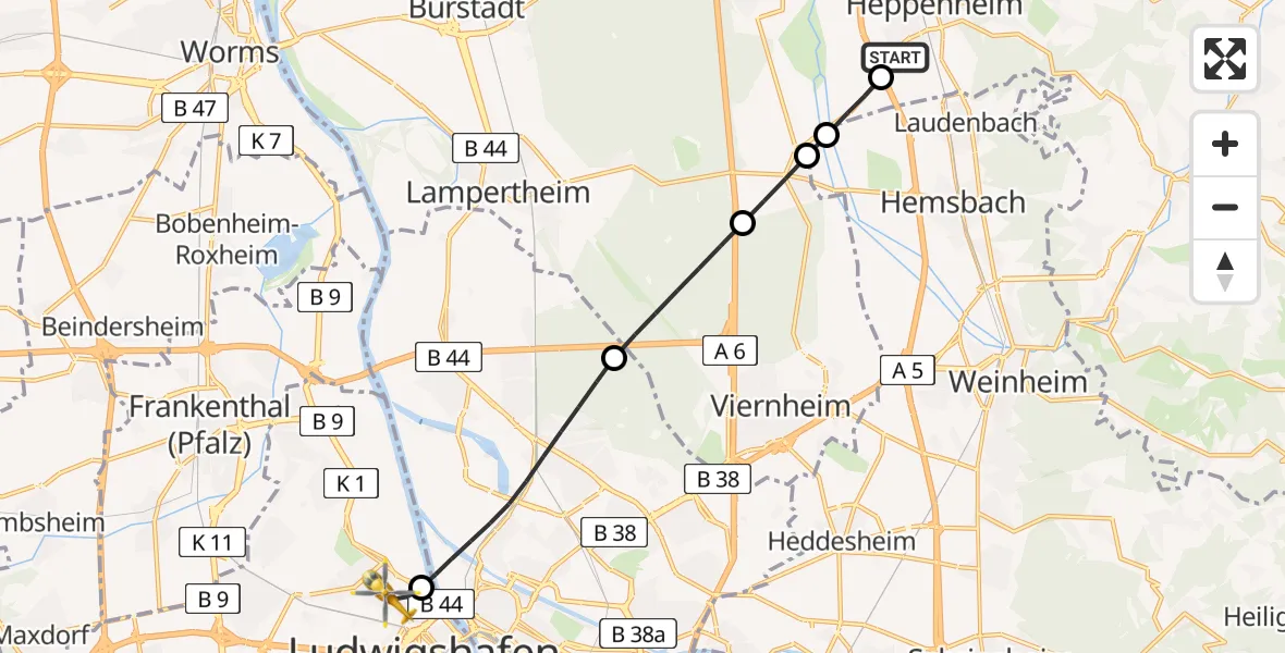 Flugroute Rettungshubschrauber Bergstraße District Hospital - Ludwigshafen am Rhein, 19 Juni 2026, 18:52