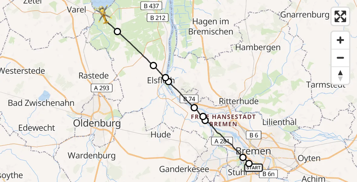 Flugroute Rettungshubschrauber Bremen - Jade, 19 Juni 2026, 18:57