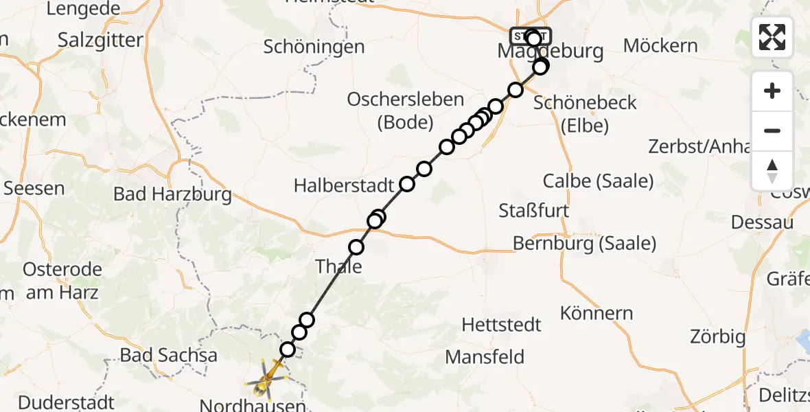 Flugroute Rettungshubschrauber Magdeburg Hospital - Harztor, 19 Juni 2026, 19:00