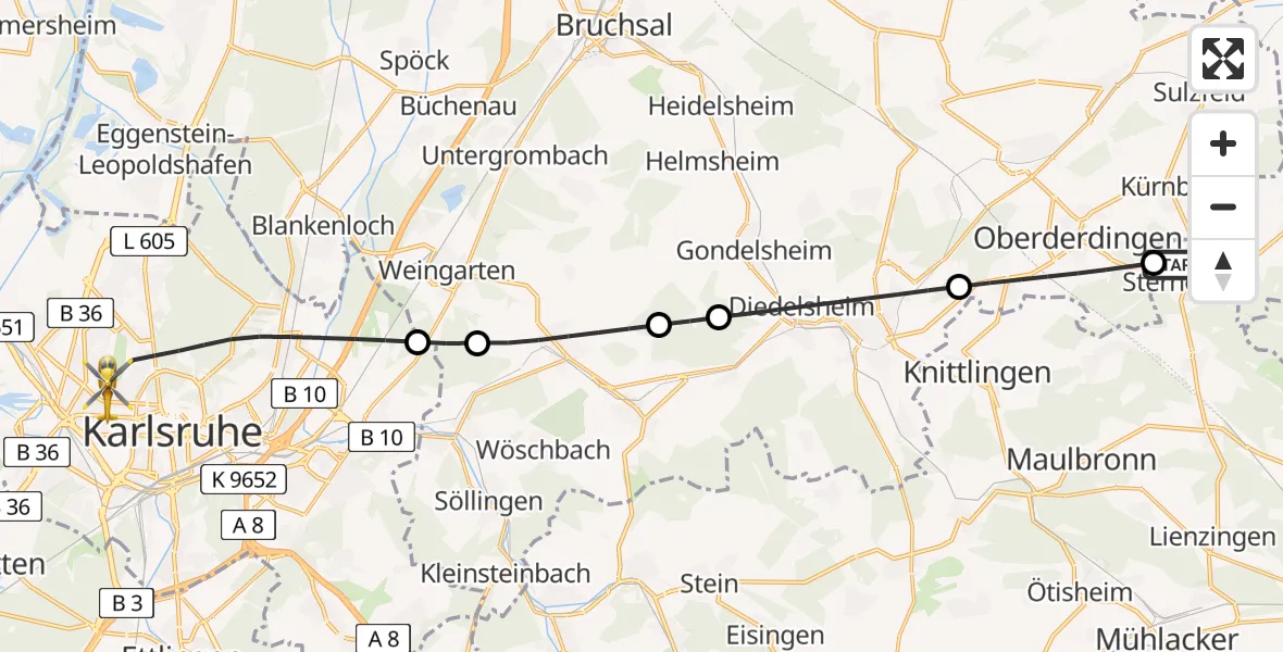 Flugroute Rettungshubschrauber Sternenfels - Karlsruhe, 19 Juni 2026, 19:01