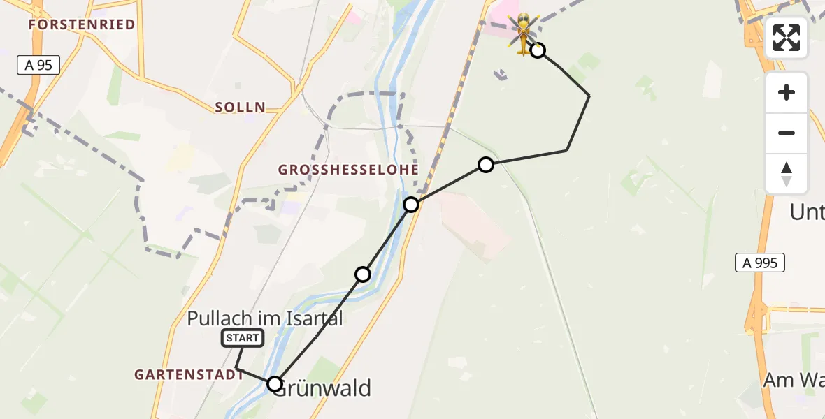 Flugroute Rettungshubschrauber Pullach i.Isartal - ADAC Air Rescue Center Hubschrauberlandeplatz (Christoph 1), 19 Juni 2026, 19:02