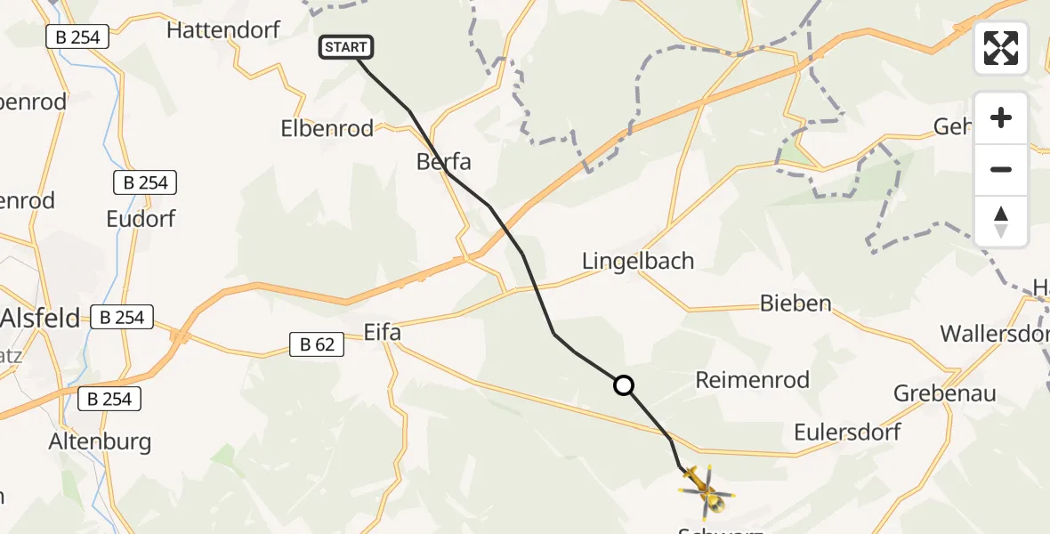 Flugroute Rettungshubschrauber Alsfeld - Grebenau, 19 Juni 2026, 19:02