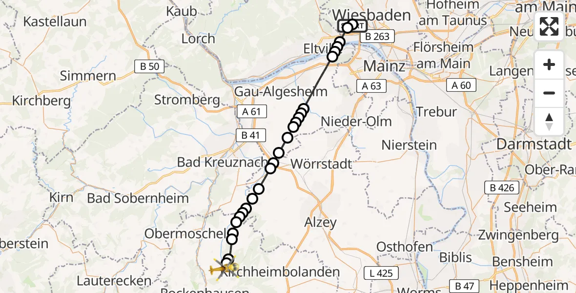 Flugroute Rettungshubschrauber Helios Horst Schmidt Clinic (HSK) - Gerbach, 19 Juni 2026, 19:13