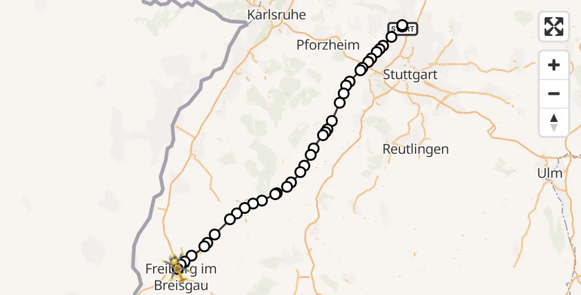 Flugroute Ambulanzhubschrauber Bietigheim Hospital - Freiburg im Breisgau, 19 Juni 2026, 19:15