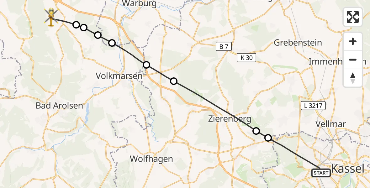 Flugroute Rettungshubschrauber Kassel - Diemelstadt, 19 Juni 2026, 19:16