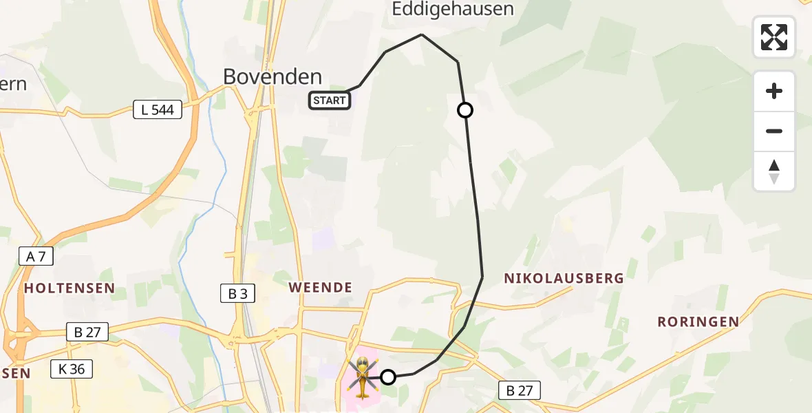 Flugroute Rettungshubschrauber Bovenden - Göttingen University Clinic Hubschrauberlandeplatz, 19 Juni 2026, 19:16
