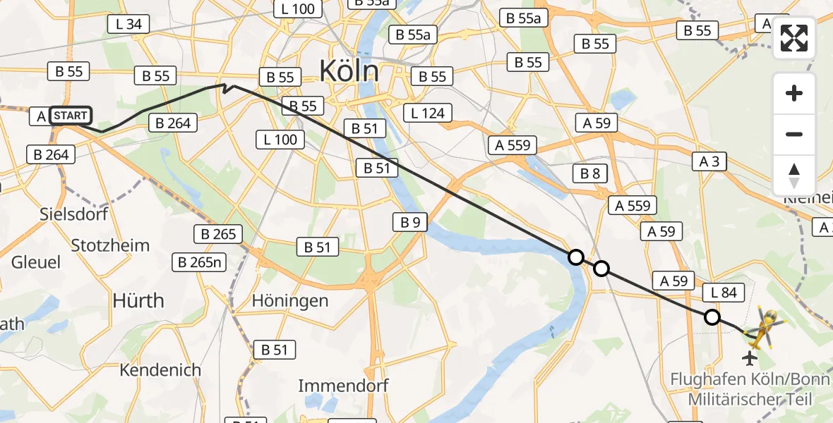 Flugroute Rettungshubschrauber Köln - Köln Bonn Flughafen, 19 Juni 2026, 19:16