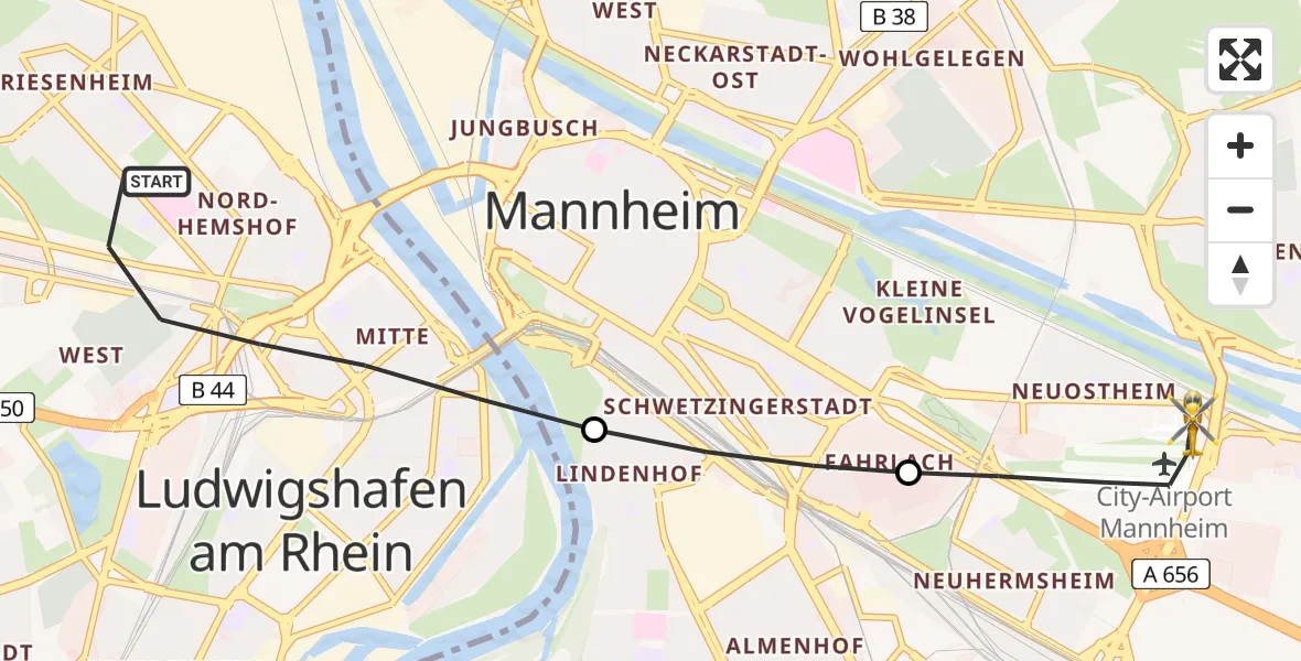 Flugroute Rettungshubschrauber Ludwigshafen am Rhein - Mannheim-City Flughafen, 19 Juni 2026, 19:17