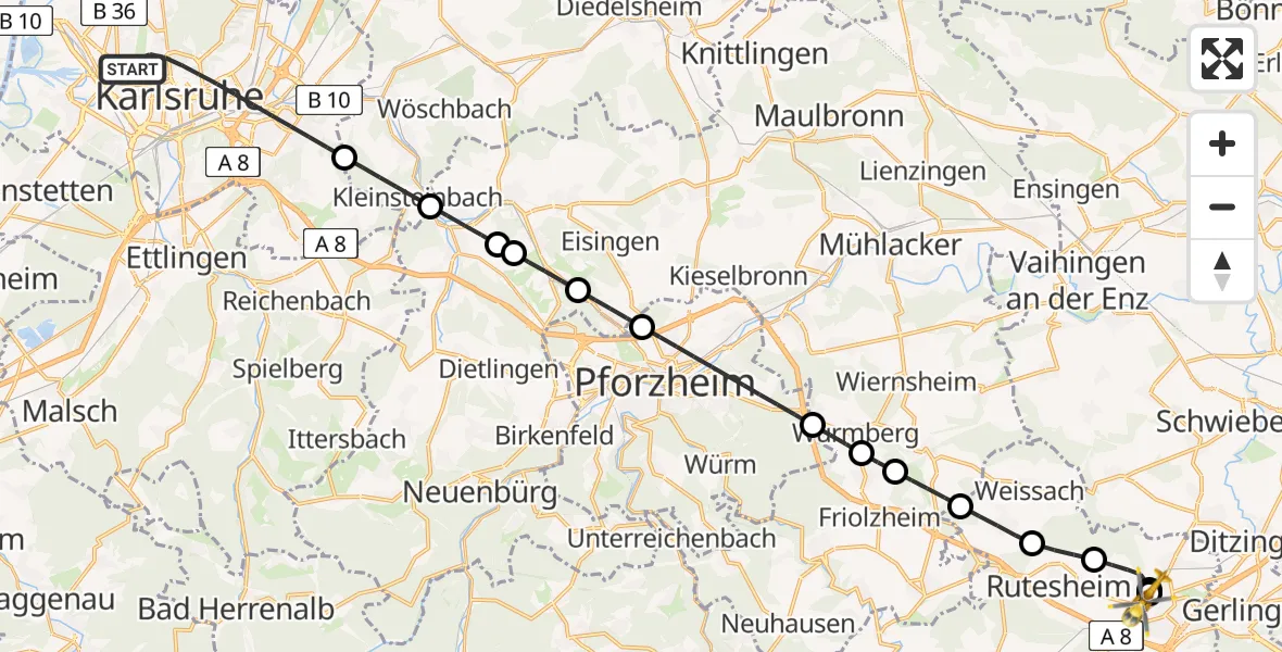 Flugroute Rettungshubschrauber Karlsruhe - Leonberg Hospital, 19 Juni 2026, 19:28
