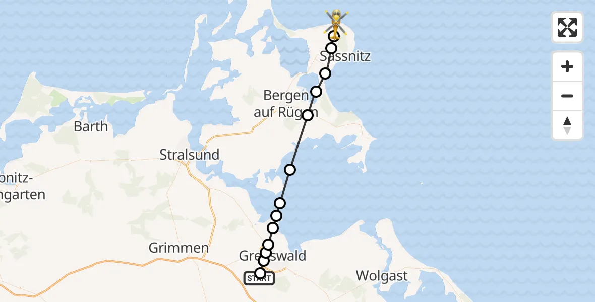 Flugroute Rettungshubschrauber Dersekow - Lohme, 19 Juni 2026, 19:32