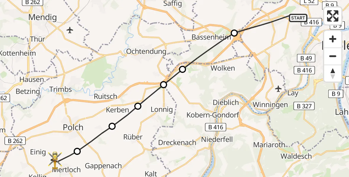 Flugroute Rettungshubschrauber Koblenz - Mertloch, 19 Juni 2026, 19:34